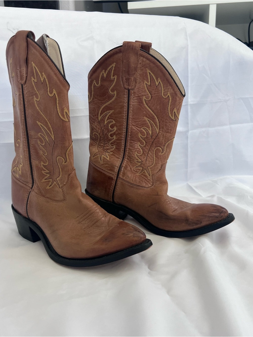 Old West Brown/Tan Leather Kids Western Boots - Picture 2 of 10